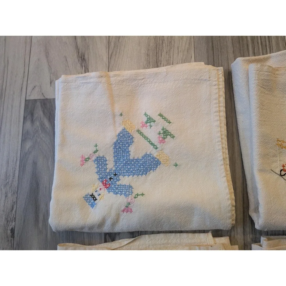 Set of 6 Vintage Hand Embroidered Flour Sack Towels, Days of the Week Linens